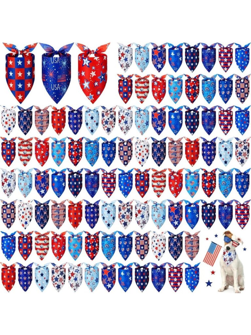 100 Pcs Patriotic Dog Bandanas - 4th of July Triangle Kerchiefs for Pets, 25